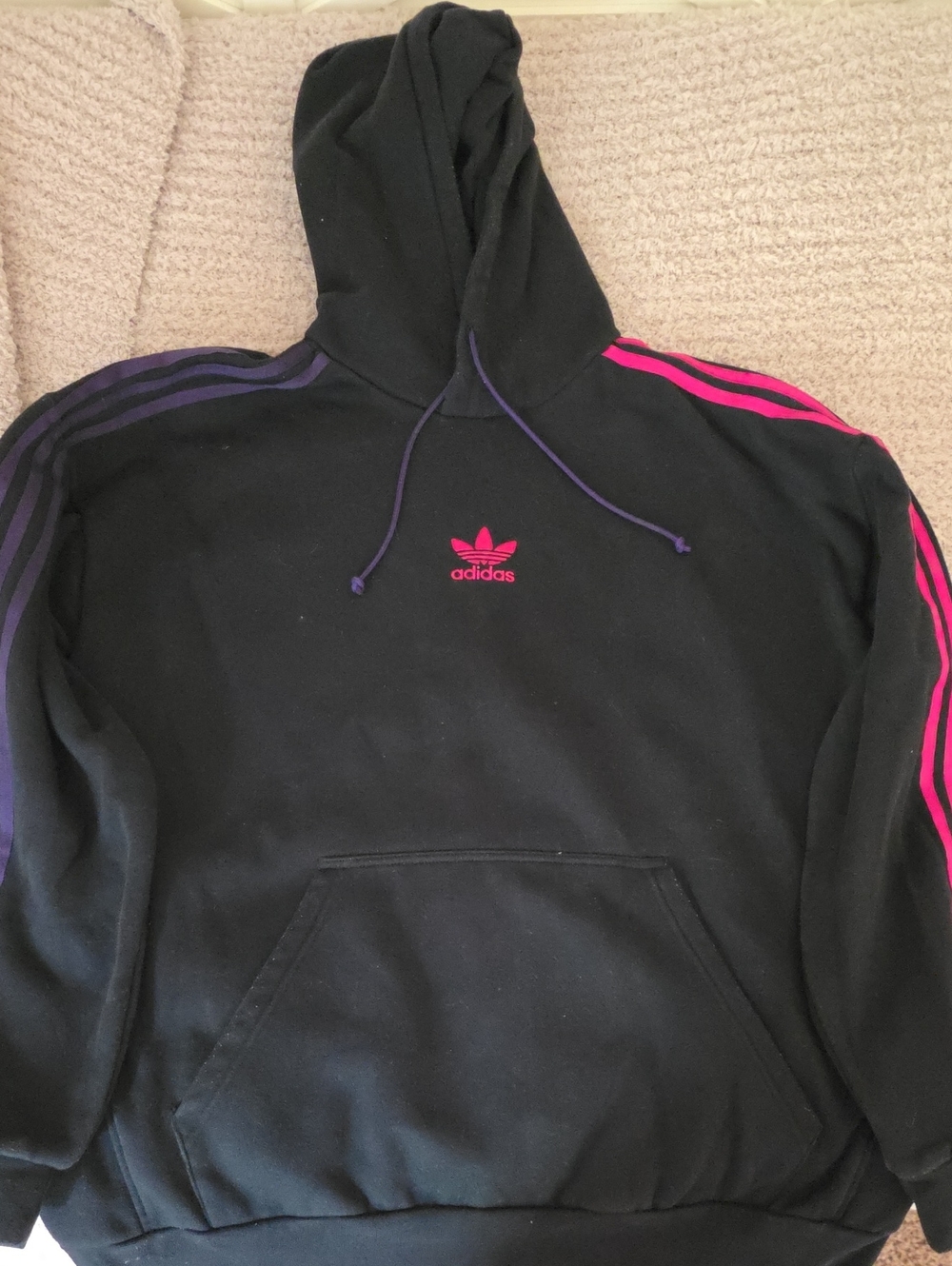 Mens Adidas Black Hoodie with Pink and Purple Stripes